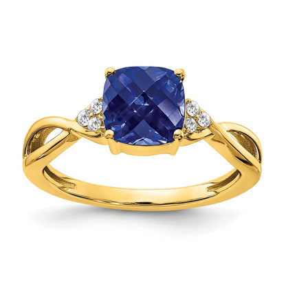 14K Gelbgold Ring mit Schachbrettschliff-Zuchtsaphir und echtem Diamant