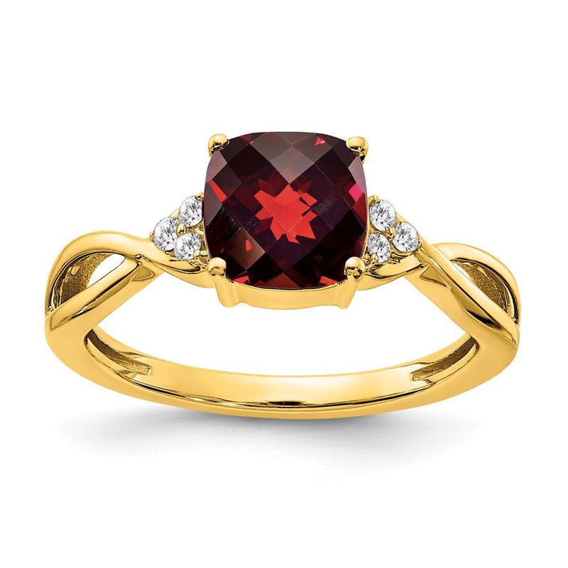 14K Gelbgold Ring mit Schachbrettmuster, Granat und echten Diamanten