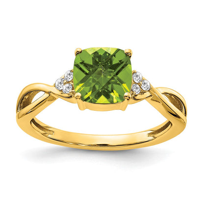 10K Gelbgold Schachbrett Peridot und Diamant Ring