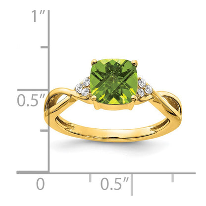14K Gelbgold Ring mit Karomuster, Peridot und echten Diamanten