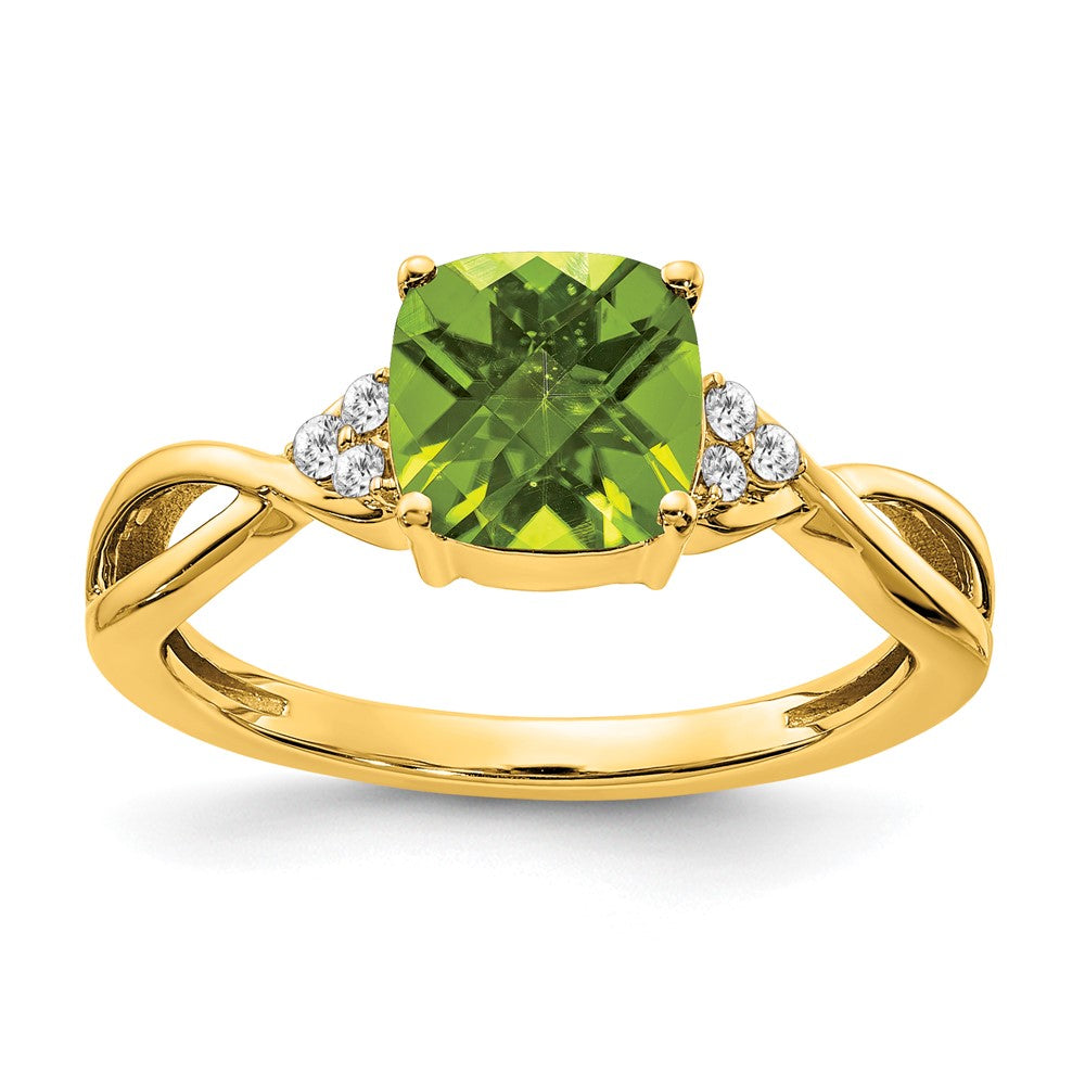 14K Gelbgold Ring mit Karomuster, Peridot und echten Diamanten