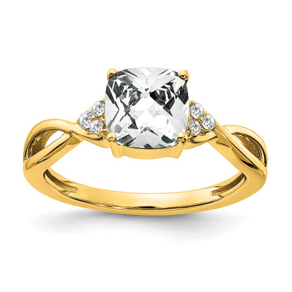 14K-Gelbgold-Ring mit Karomuster, Weißtopas und echten Diamanten