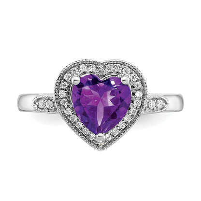 14K Weißgold Herz-Ring mit Amethyst und echten Diamanten im Halo-Design