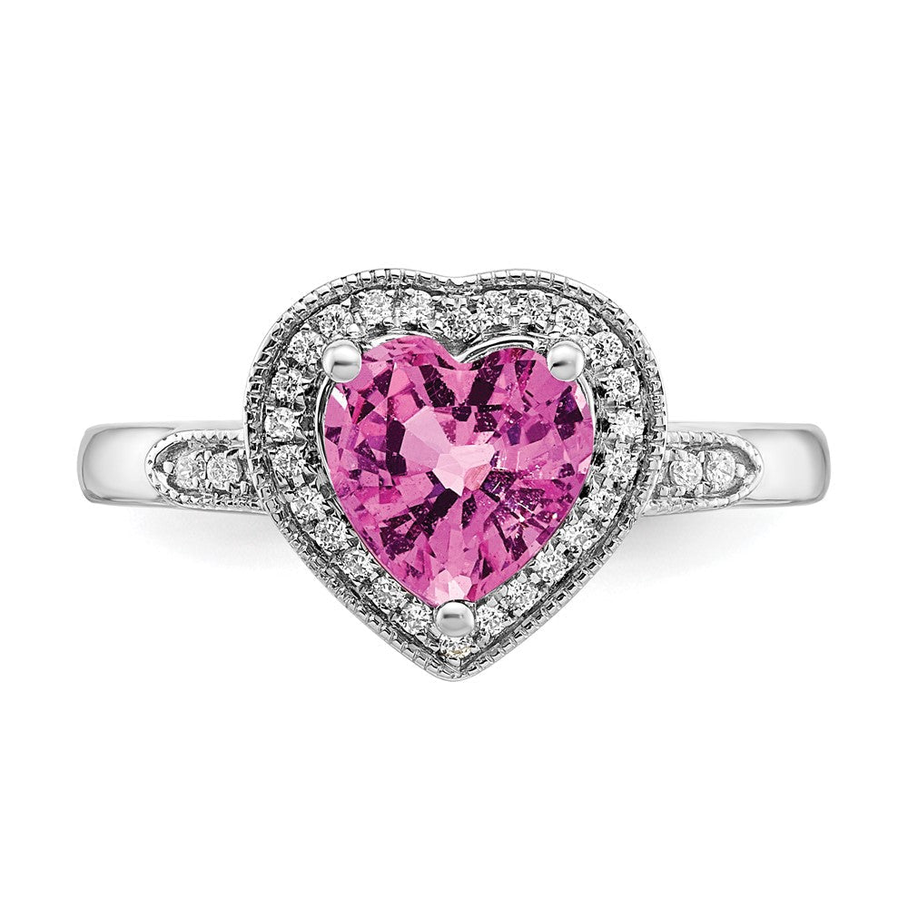 14K Weißgold Ring mit herzförmigem, gezüchtetem pinkem Saphir und echten Diamanten in Halo-Fassung