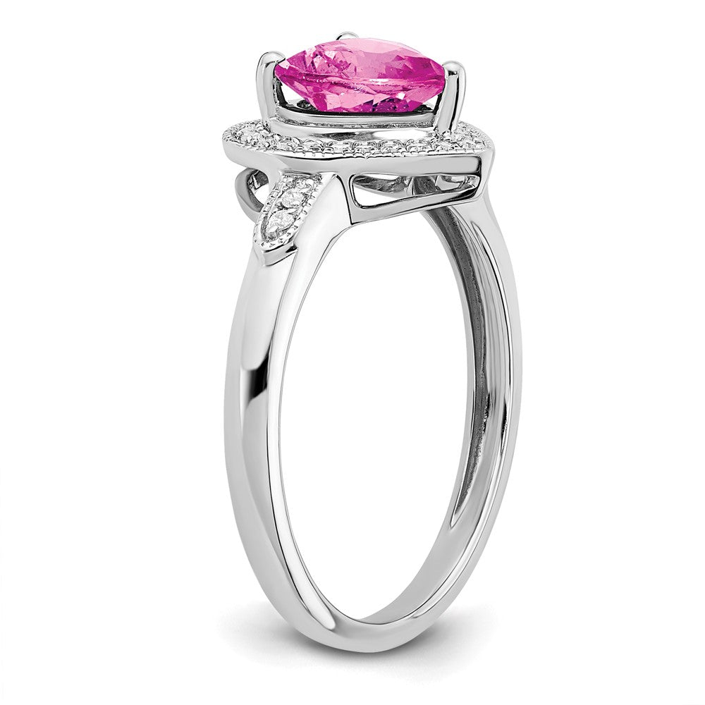 14K Weißgold Ring mit herzförmigem, gezüchtetem pinkem Saphir und echten Diamanten in Halo-Fassung