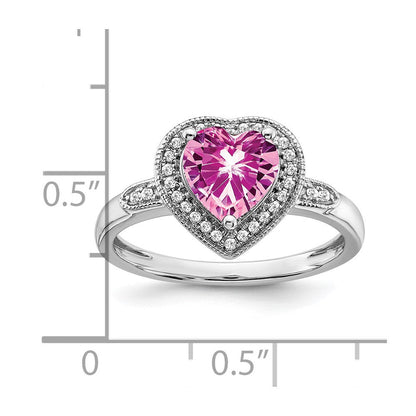 14K Weißgold Ring mit herzförmigem, gezüchtetem pinkem Saphir und echten Diamanten in Halo-Fassung