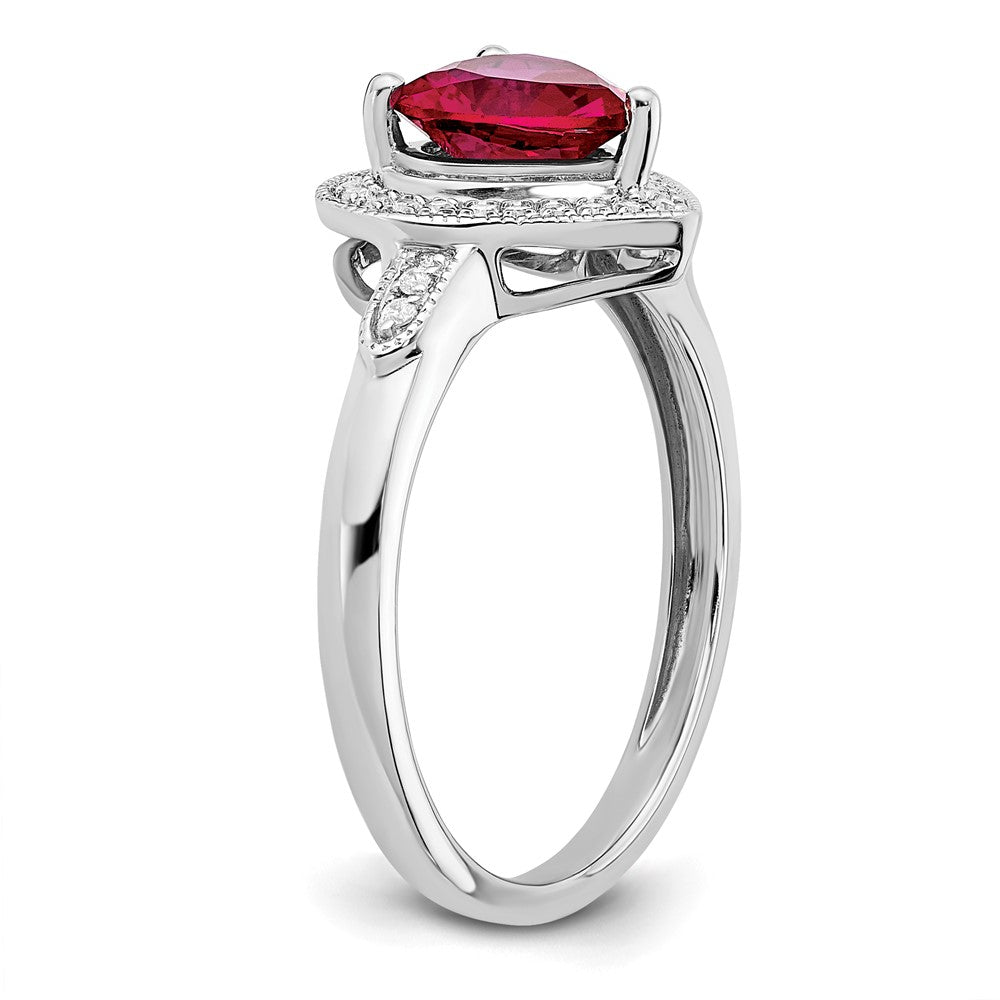 14K Weißgold Ring mit herzförmigem synthetischem Rubin und echten Diamanten in Halo-Fassung