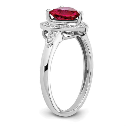 14K Weißgold Ring mit herzförmigem synthetischem Rubin und echten Diamanten in Halo-Fassung