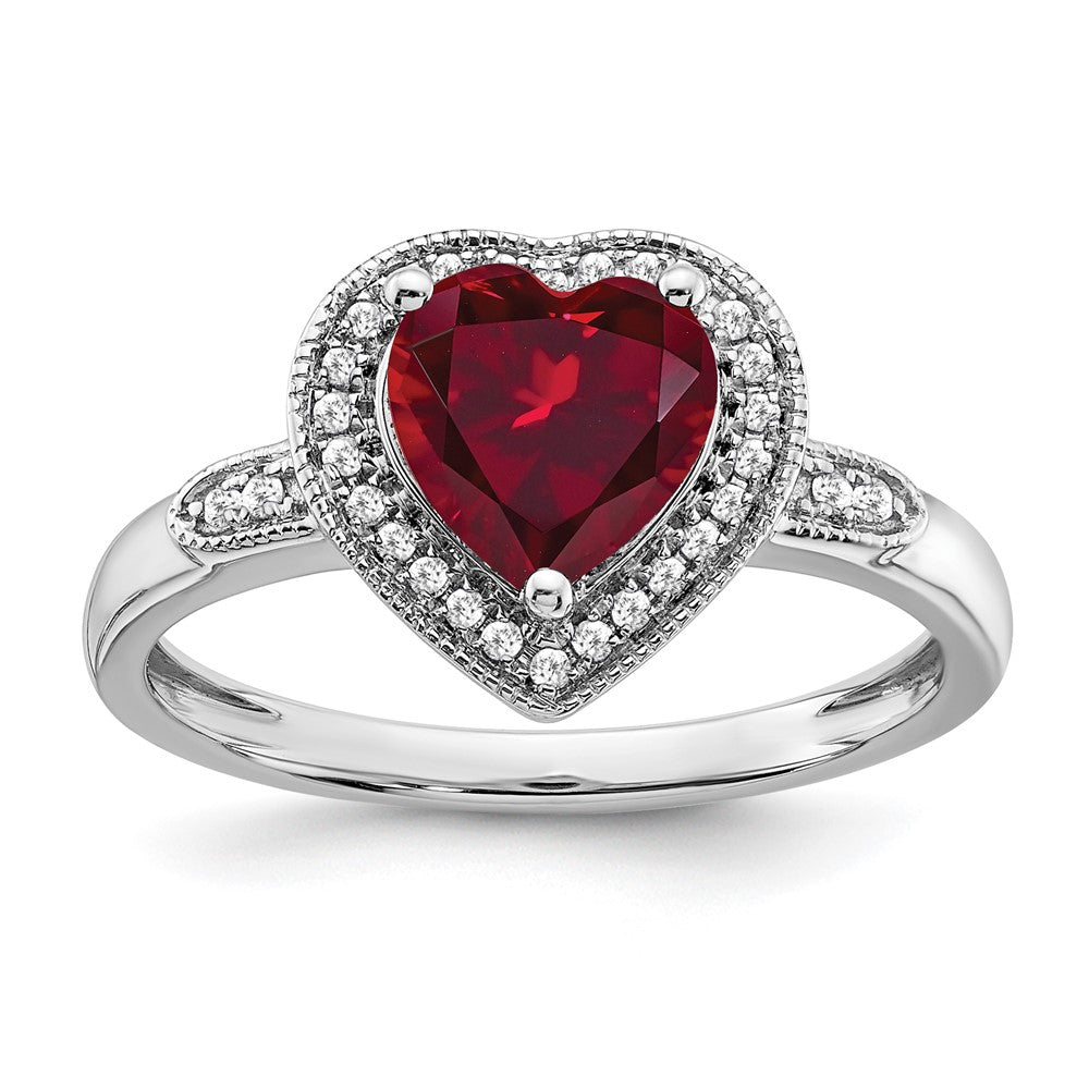 14K Weißgold Ring mit herzförmigem synthetischem Rubin und echten Diamanten in Halo-Fassung