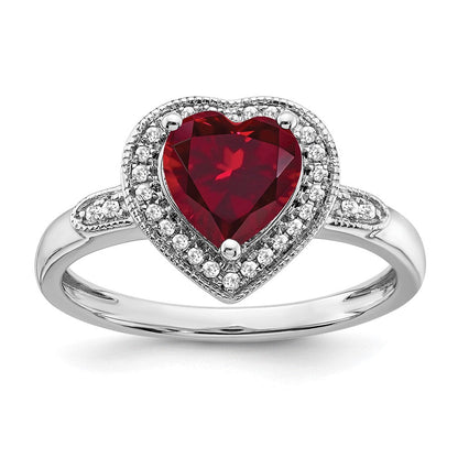 14K Weißgold Ring mit herzförmigem synthetischem Rubin und echten Diamanten in Halo-Fassung