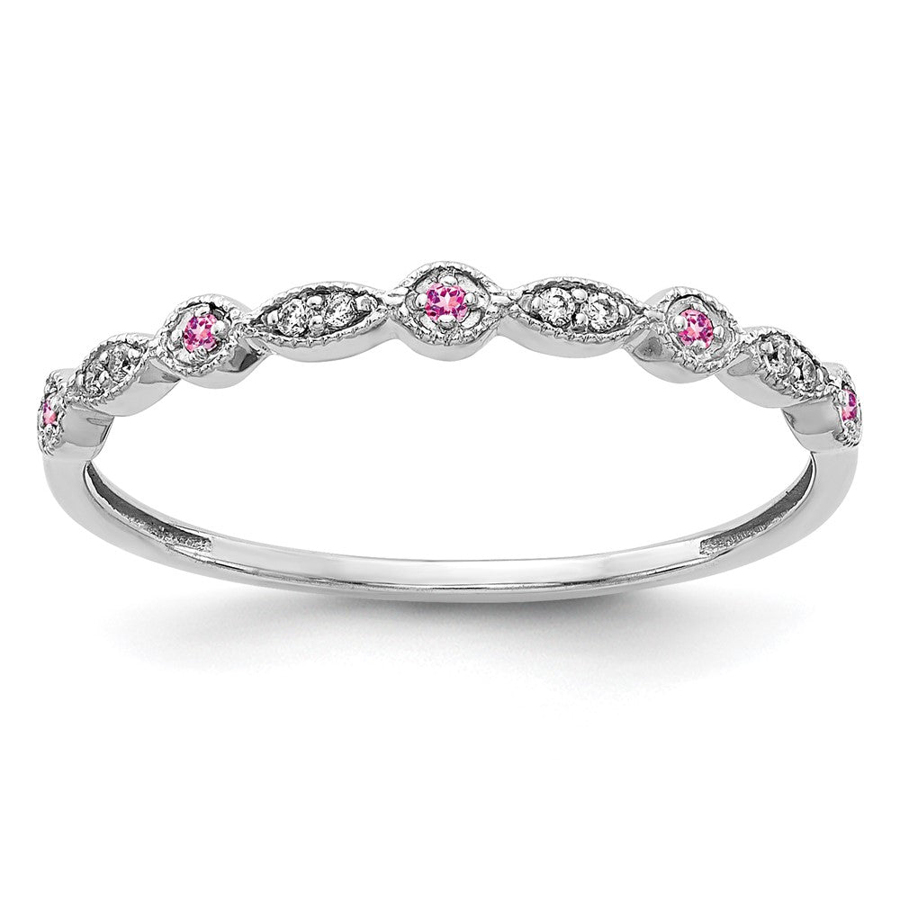 14K Weißgold Ring mit echten Diamanten und rosa Saphiren, Fancy-Design