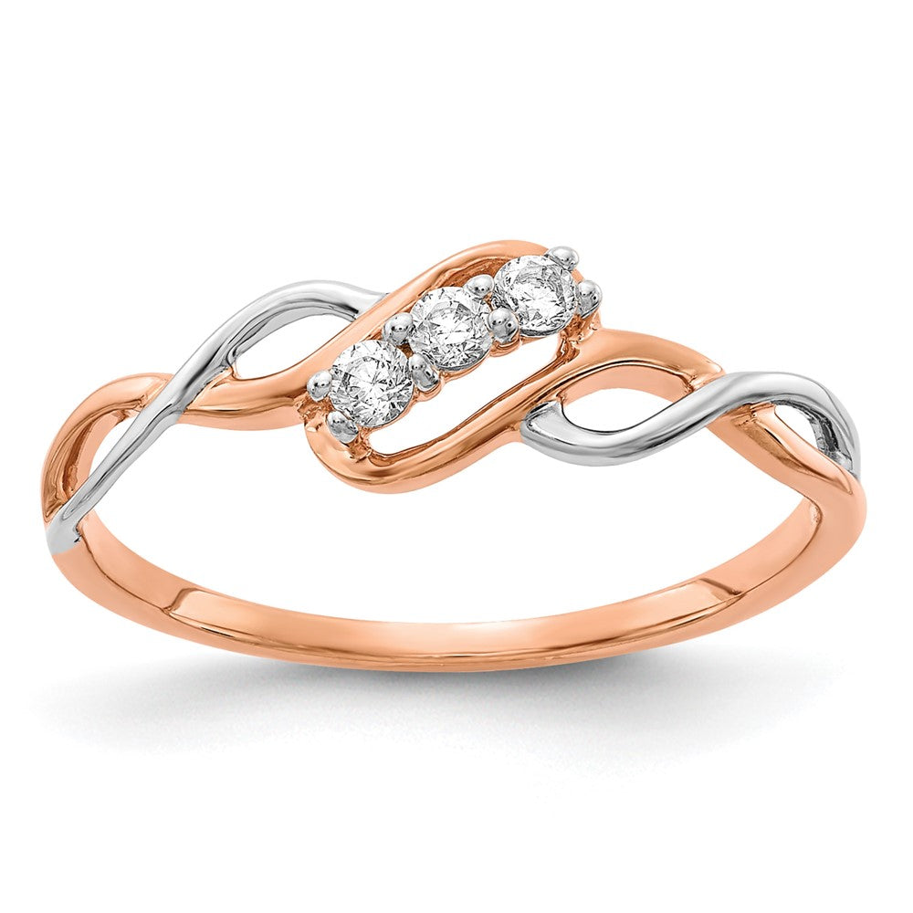14K Bicolor Rosé- und Weißgold Ring mit gedrehtem Design, drei Steinen und 0,16 ct. Labor gezüchteten Diamanten VS/SI+ G+