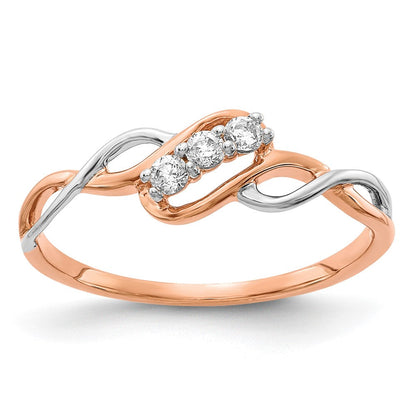 14K Bicolor Rosé- und Weißgold Ring mit gedrehtem Design, drei Steinen und 0,16 ct. Labor gezüchteten Diamanten VS/SI+ G+