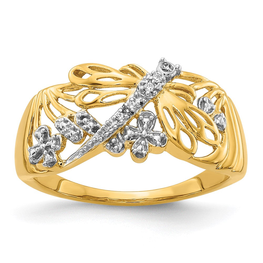 14K Gelbgold-Ring in Libellenform mit natürlichen Diamanten und Rhodium-Finish