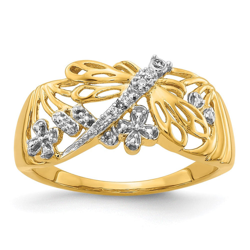 14K Gelbgold-Ring in Libellenform mit natürlichen Diamanten und Rhodium-Finish