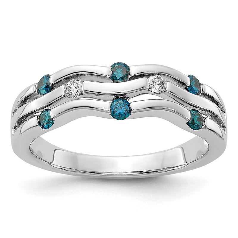 14K Weißgold Ring mit blauen & weißen natürlichen Diamanten, gewellt