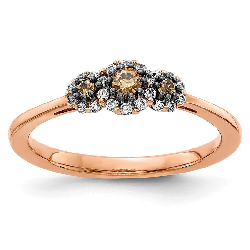 14 Karat Roségold Dreistein-Ring mit echten weißen/champagnerfarbenen Diamanten