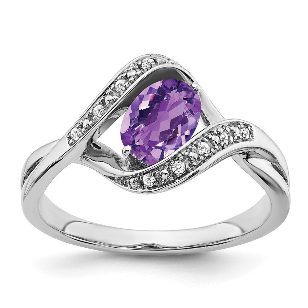 14K Weißgold Ring mit ovalem Amethyst und echten Diamanten