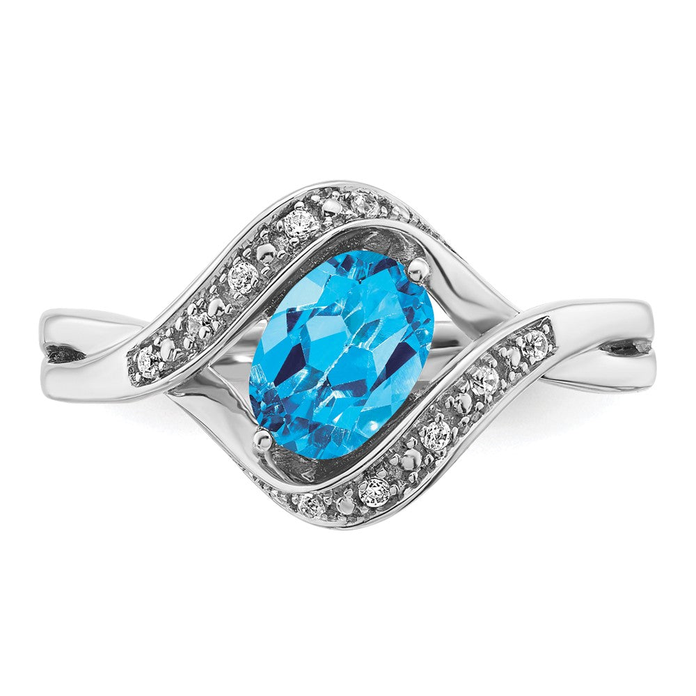 14K Weißgold Ring mit ovalem Blautopas und echten Diamanten