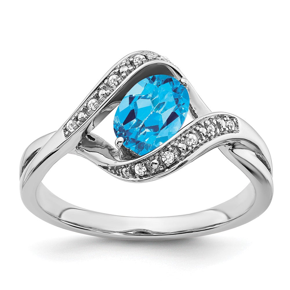 14K Weißgold Ring mit ovalem Blautopas und echten Diamanten