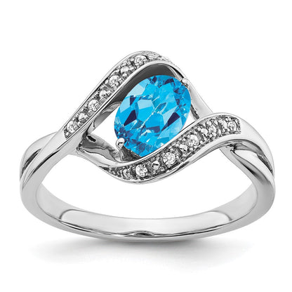 14K Weißgold Ring mit ovalem Blautopas und echten Diamanten