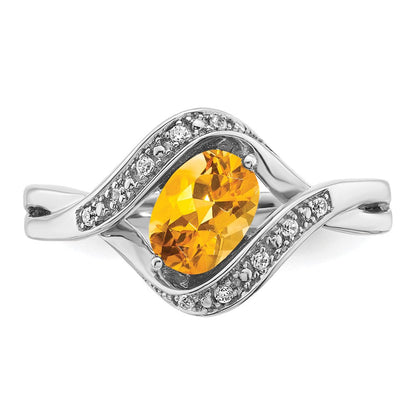 14K Weißgold Ring mit ovalem Citrin und echten Diamanten