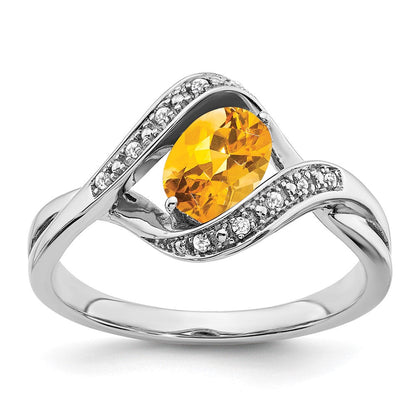 14K Weißgold Ring mit ovalem Citrin und echten Diamanten