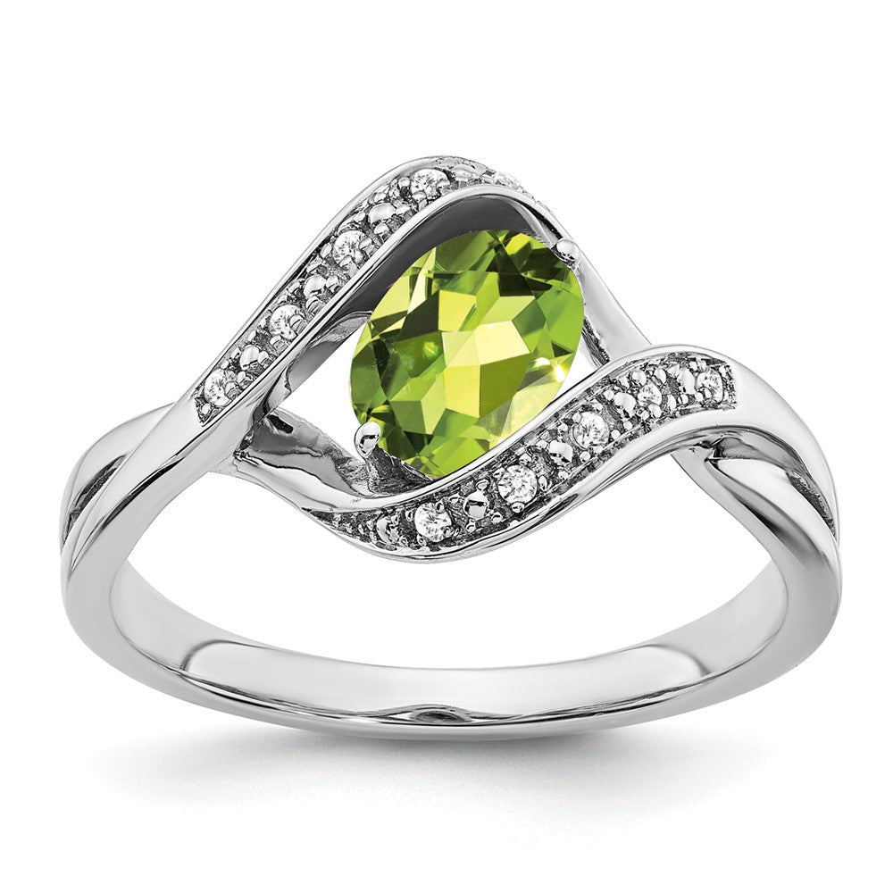 14K Weißgold Ring mit ovalem Peridot und echten Diamanten