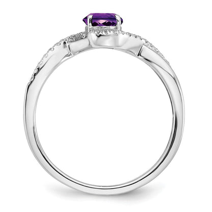 14K Weißgold Ring mit Amethyst im Ovalschliff und echten Diamanten, gedreht