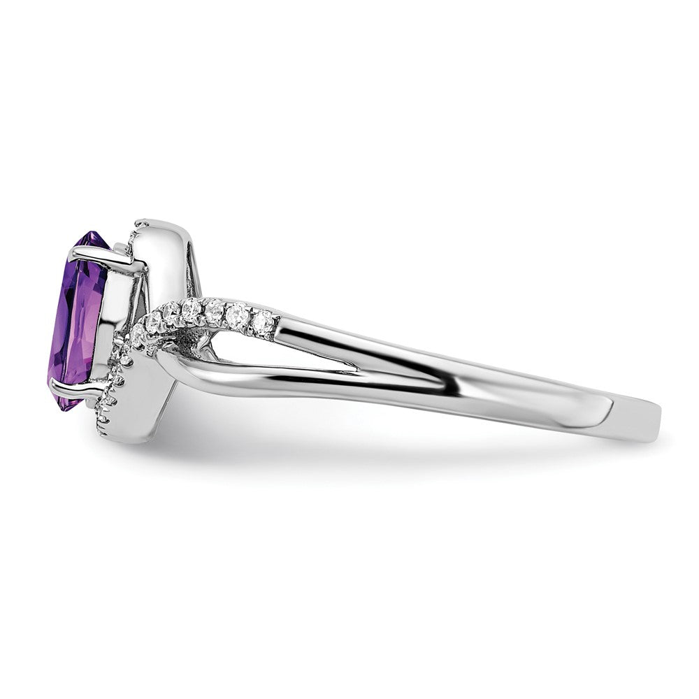 14K Weißgold Ring mit Amethyst im Ovalschliff und echten Diamanten, gedreht