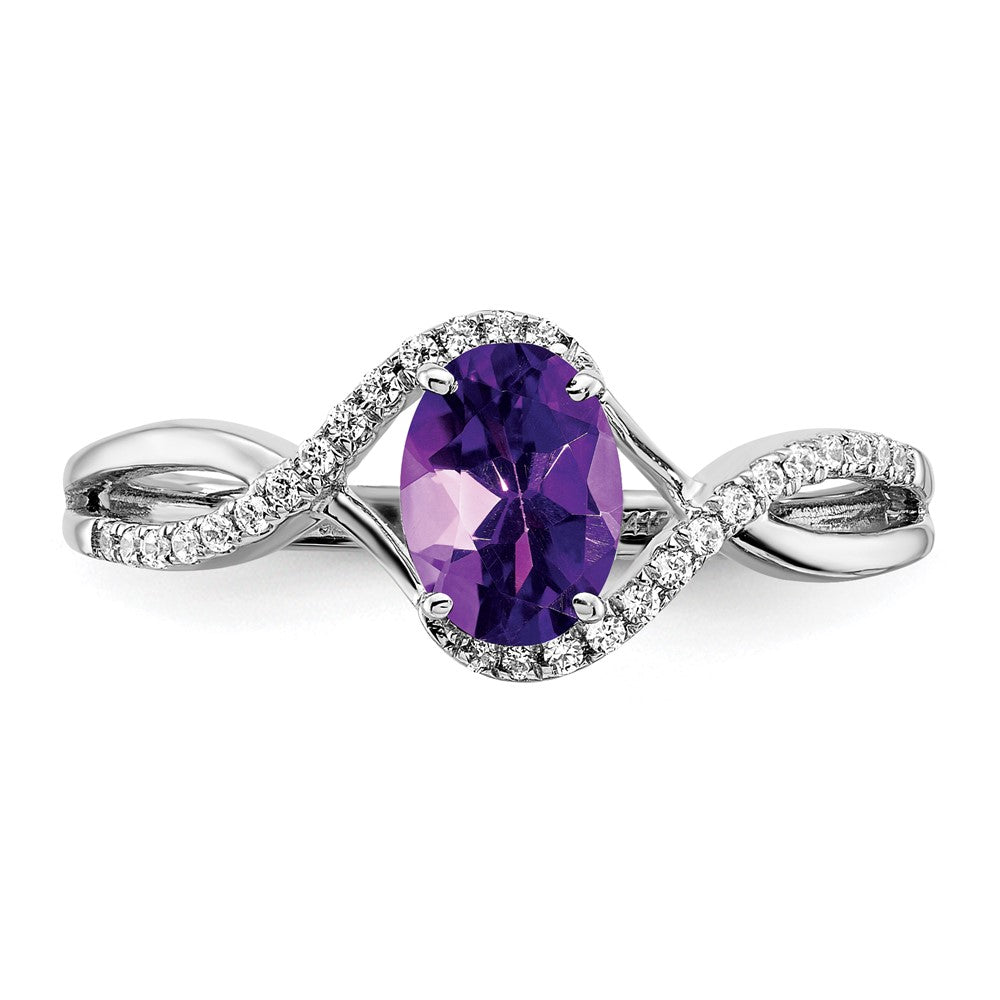 14K Weißgold Ring mit Amethyst im Ovalschliff und echten Diamanten, gedreht