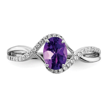 14K Weißgold Ring mit Amethyst im Ovalschliff und echten Diamanten, gedreht