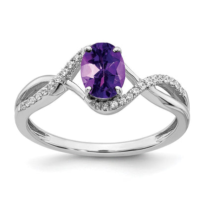 14K Weißgold Ring mit Amethyst im Ovalschliff und echten Diamanten, gedreht