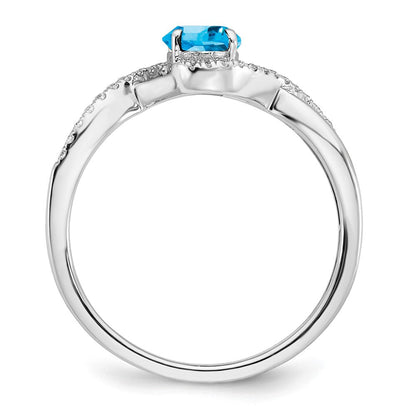 14K Weißgold Ring mit ovalem Blautopas und echten Diamanten in Twist-Design