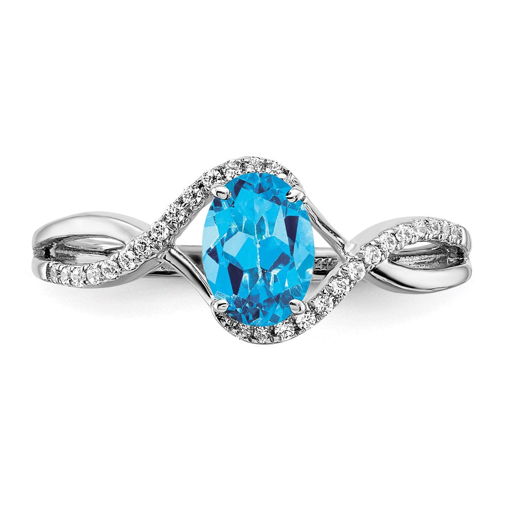 14K Weißgold Ring mit ovalem Blautopas und echten Diamanten in Twist-Design