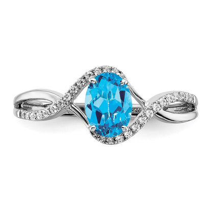 14K Weißgold Ring mit ovalem Blautopas und echten Diamanten in Twist-Design