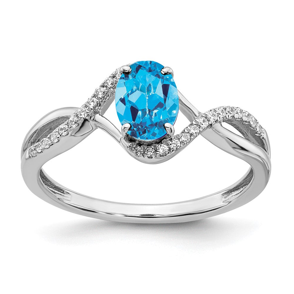 14K Weißgold Ring mit ovalem Blautopas und echten Diamanten in Twist-Design