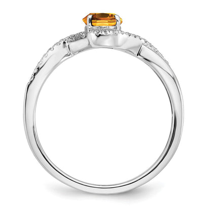 14K Weißgold Ring mit ovalem Citrin und echten Diamanten, gedreht