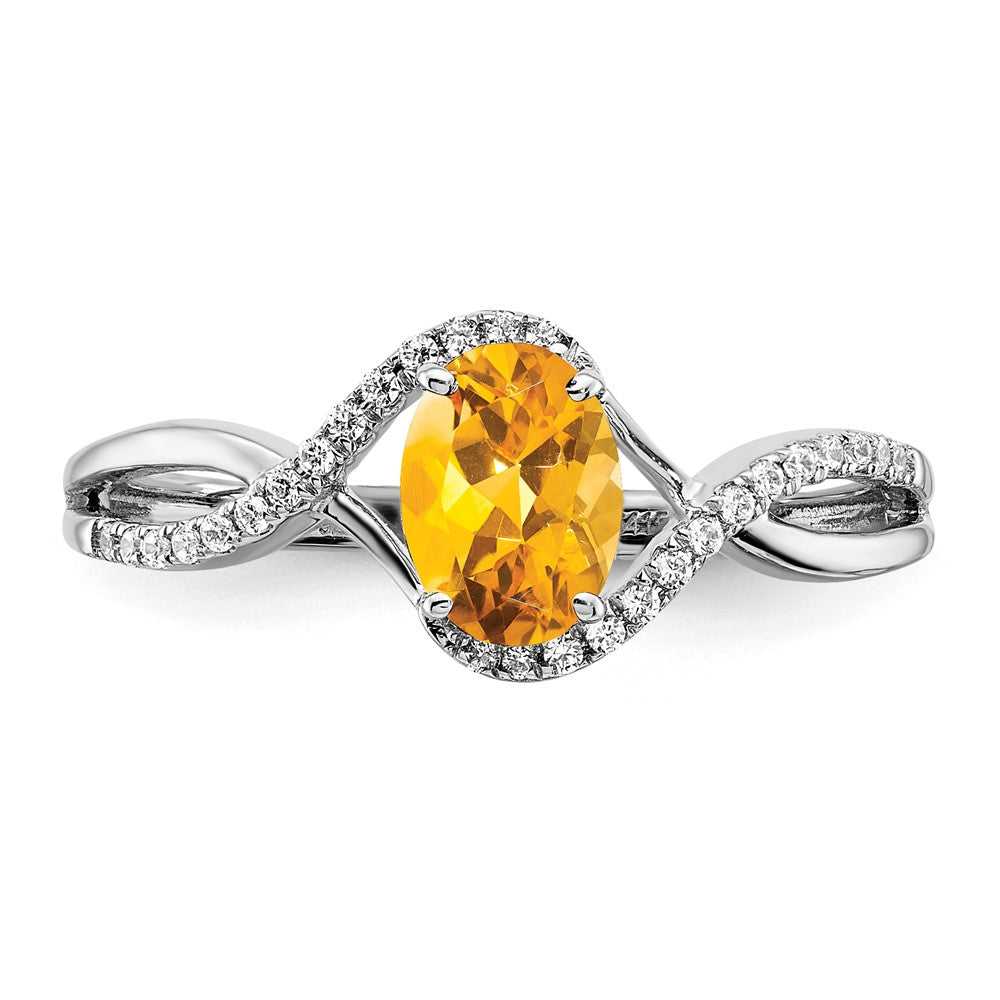 14K Weißgold Ring mit ovalem Citrin und echten Diamanten, gedreht