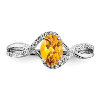 14K Weißgold Ring mit ovalem Citrin und echten Diamanten, gedreht