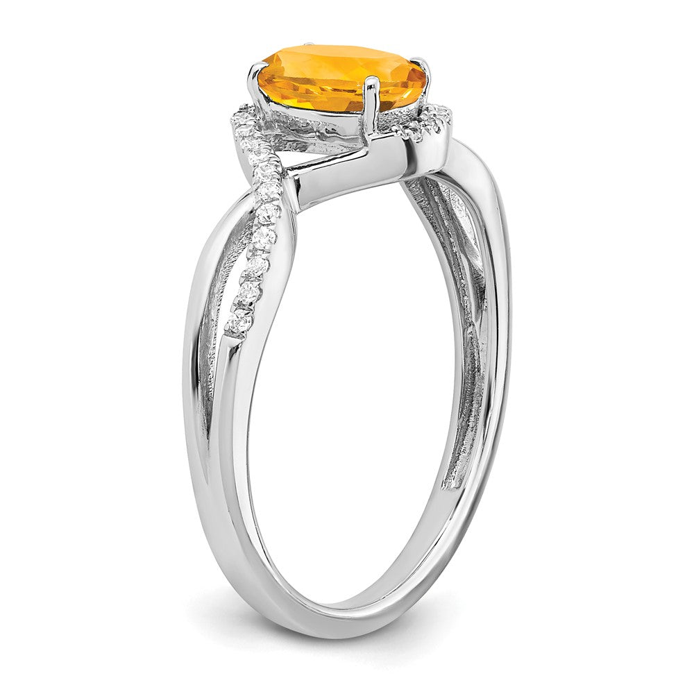 14K Weißgold Ring mit ovalem Citrin und echten Diamanten, gedreht