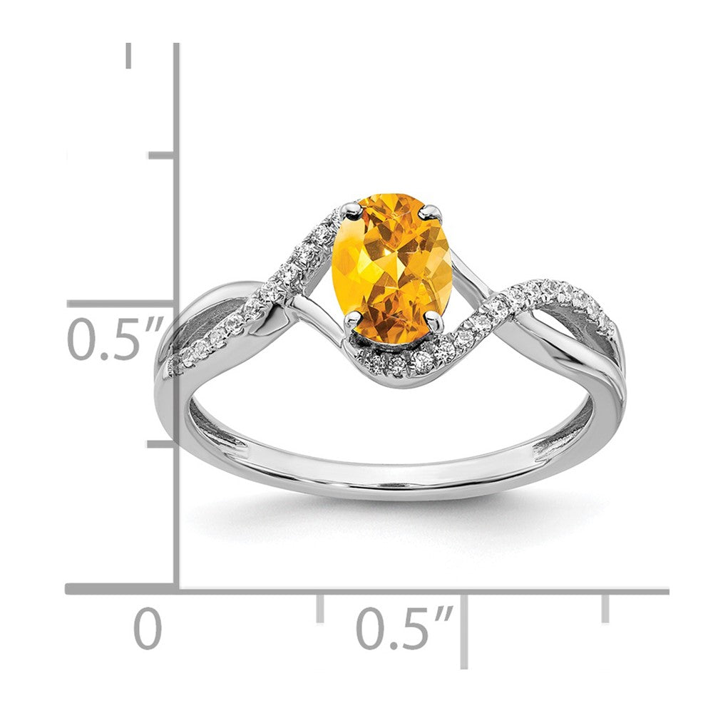14K Weißgold Ring mit ovalem Citrin und echten Diamanten, gedreht