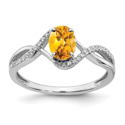 14K Weißgold Ring mit ovalem Citrin und echten Diamanten, gedreht