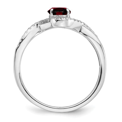 14K Weißgold Ring mit ovalem Granat und echten Diamanten, gedreht