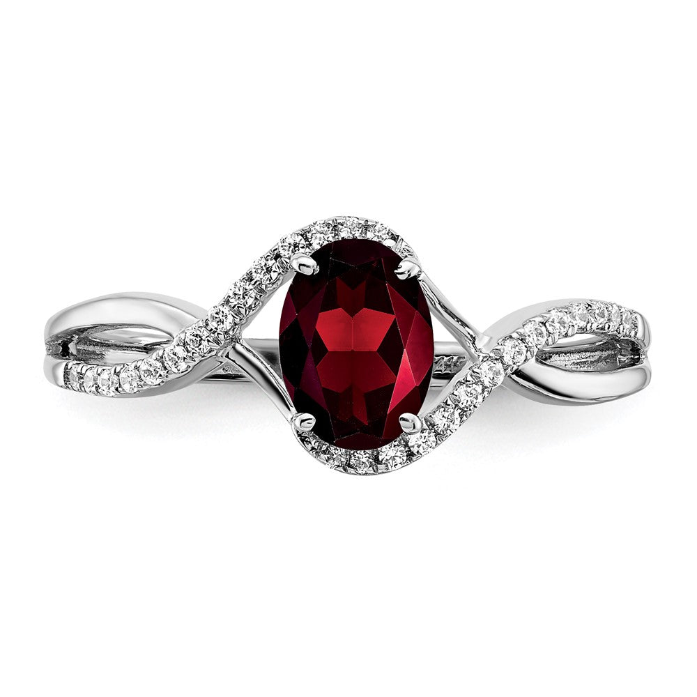 14K Weißgold Ring mit ovalem Granat und echten Diamanten, gedreht