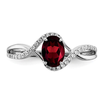 14K Weißgold Ring mit ovalem Granat und echten Diamanten, gedreht