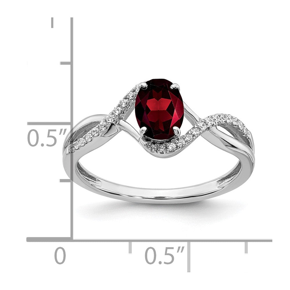14K Weißgold Ring mit ovalem Granat und echten Diamanten, gedreht