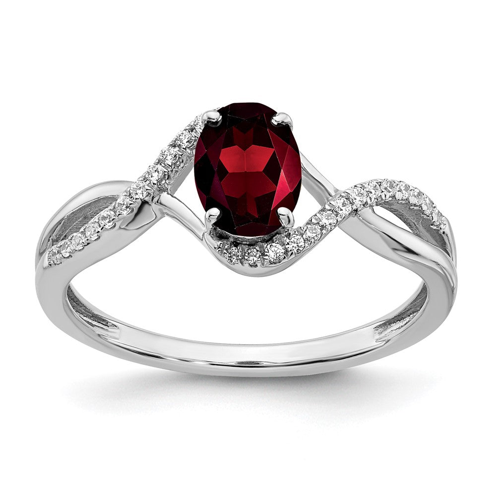 14K Weißgold Ring mit ovalem Granat und echten Diamanten, gedreht