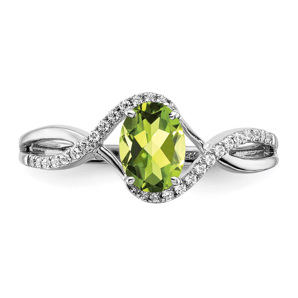14K Weißgold Ring mit ovalem Peridot und echten Diamanten in Twist-Optik