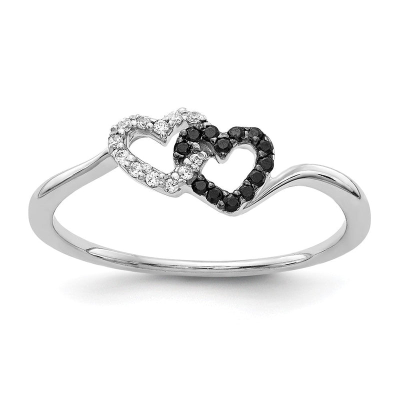 14K Weißgold Ring mit doppeltem Herz, natürlichen schwarzen und weißen Diamanten
